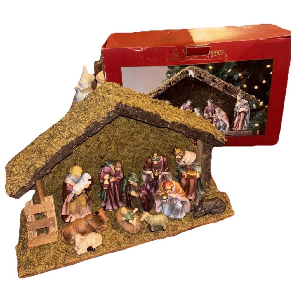 11 Piece With Stable ST. NICHOLAS SQUARE CHRISTMAS NATIVITY SET MANGER VINTAGE